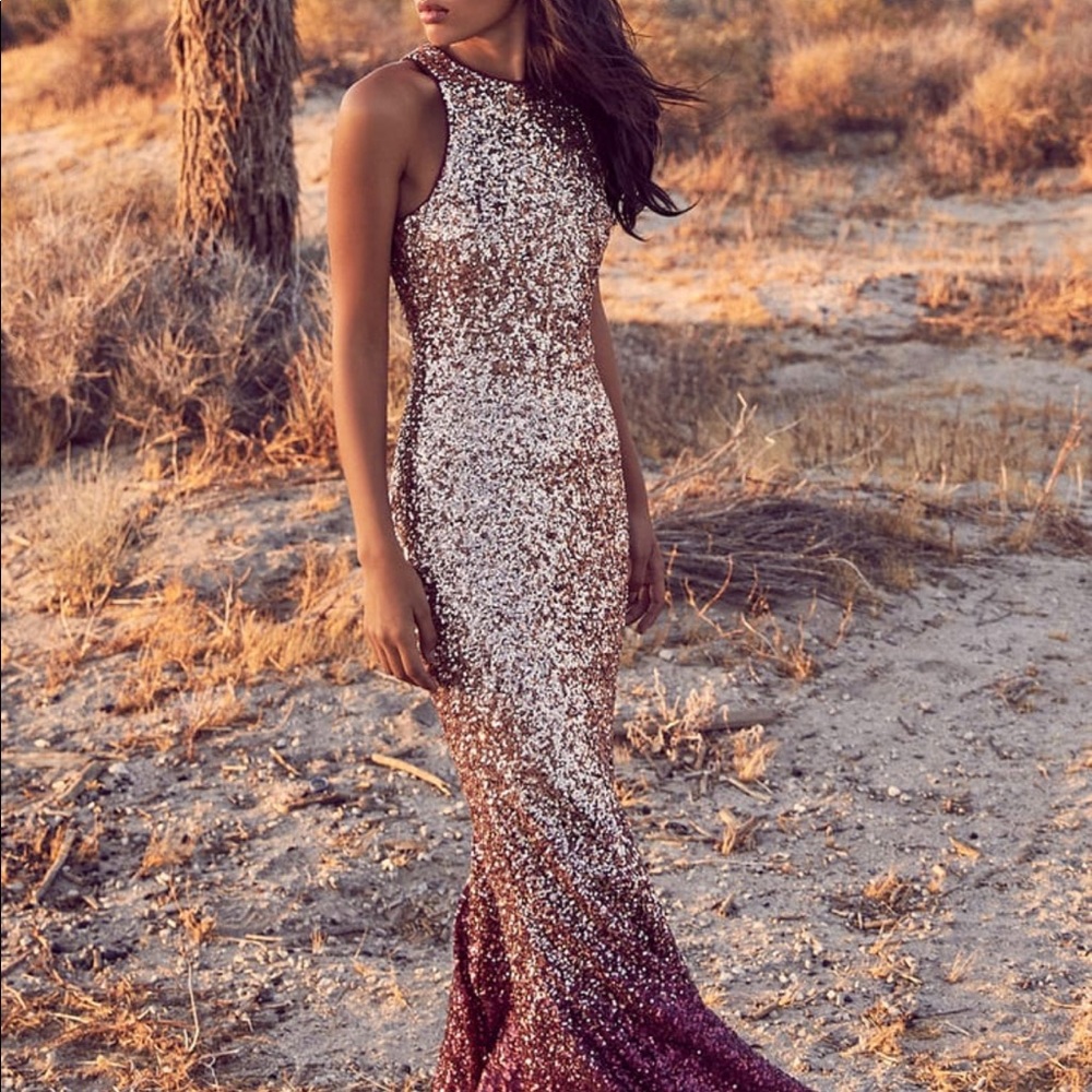Lulus Infinite Dreams Burgundy and Rose Gold Ombre Sequin Maxi Dress